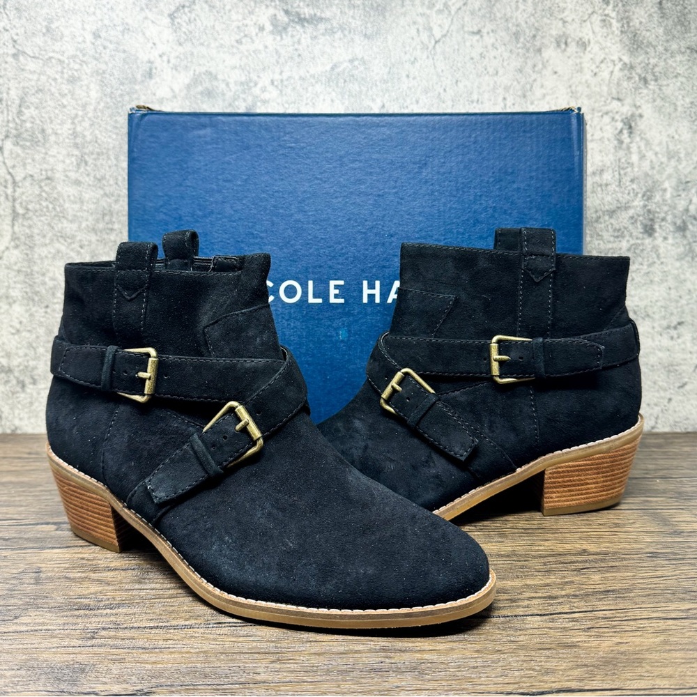 Cole Haan black suede Jensynn booties, buckle black leather ankle boots, size 8